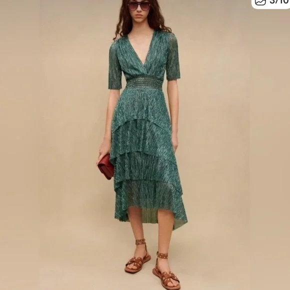 Maje Stretch Lurex Ruffled Dress in Emerald sz 40 8 - Picture 1 of 3